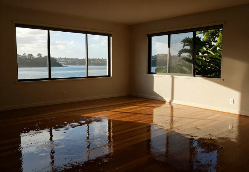 Flooded living room in a Sandy Point home with water covering the floor
